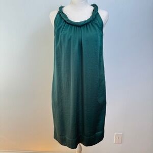 Satin Shift Dress 6P Green Greek Goddess Twisted Neckline Pockets Quiet Luxury